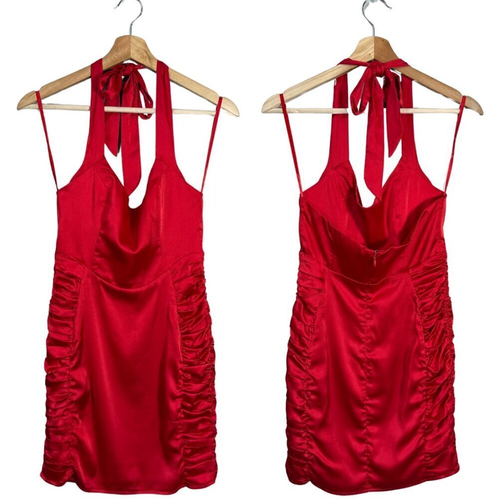 Saints + Secrets Satin Halter Ruched Mini Dress Womens Small Red Going Out Party